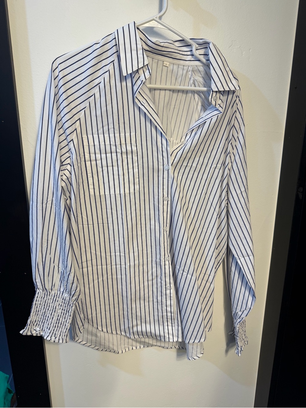 White Button-Up Shirt with Navy Pinstripes